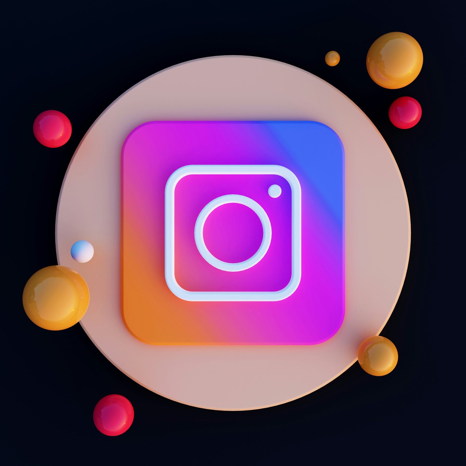 an instagram icon surrounded by bubbles and balls